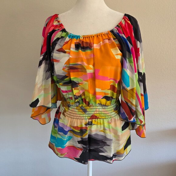 Trina Turk Bright Abstract Colorful Silk Blouse Smocked Batwing Sleeve Size P - Picture 1 of 10